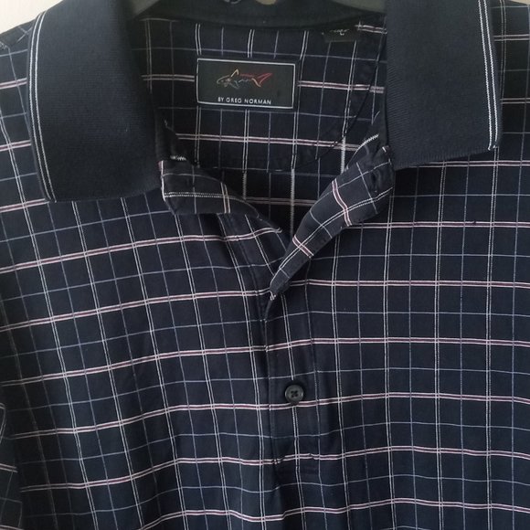 Greg Norman Polo Shirt Men Large Dark Blue Check Shark Golf Casual Short Sleeve - Picture 6 of 6